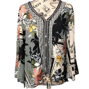 Spense Chic Patchwork Floral Print V Neck Tie Front Long Sleeve Blouse Women's M